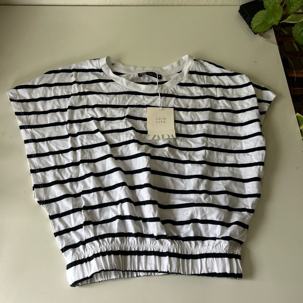 Zara Monochrome Striped Short Sleeve Top